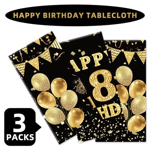 Labeol 3 Pack 18th Birthday Tablecloth, Black and Gold Happy 18th Birthday Decorations, Disposable Plastic Rectangular Table Cover Party Supplies for Boys Girls