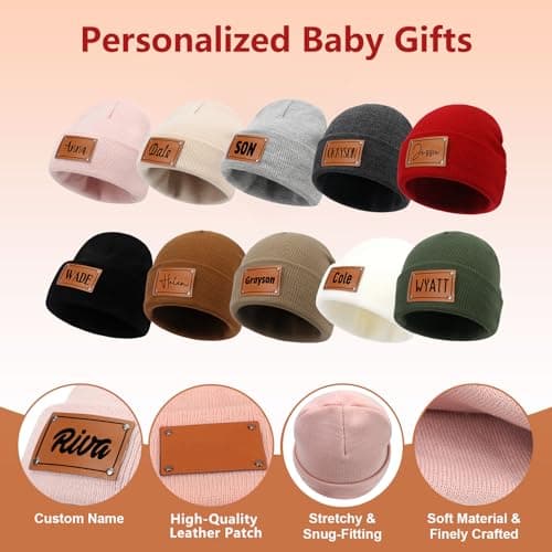 Custom Toddler Baby Beanies, Mama Mini Matching Hats, Leather Patch Baby Knit Hats, Winter Beanies for Infant, Kids Adults
