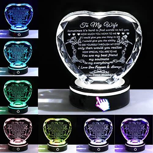 YWHL Gifts for Wife with Colorful LED Base Romantic Wedding Anniversary I Love You Gifts for Her Best Wife Birthday Gift Ideas to My Wife Crystal Keepsakes Presents from Husband