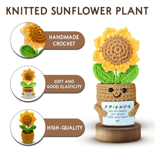 Mini Sunflower Crochet Gift with Card for Women Best Friend, Soul Sister, Long Distance Pal, Friends Are the Family You Choose, Cute Decor for Birthday, Christmas for Bestie, BFF, Coworker
