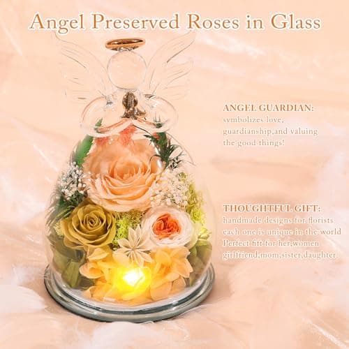 Gifts for Women Birthday Preserved Rose Forever Flower in Glass Angel Figurines Fresh Flowers for Delivery for Mom Real Colorful Roses for Grandma Sister Wife Her from Daughter