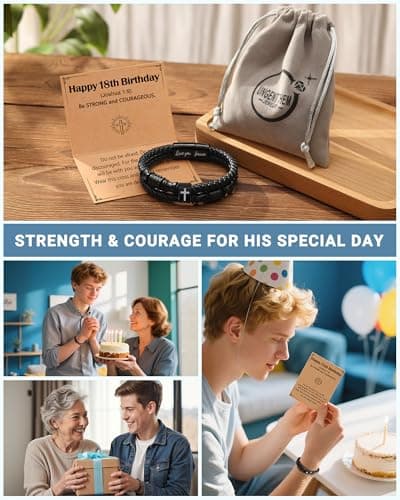 UNGENT THEM Joshua 1:9 Encouraging Christian Birthday Gifts for Boys Teens Men, Bible Verse Leather Cross Bracelet