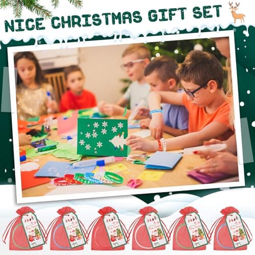 Liliful 72 Pcs Christmas Gifts 24 Set Christmas Students Gifts, Xmas Silicone Wristbands with Gift Label Tags and Organza Bags for Kids Stocking Stuffers Classroom Gift Party Favors(Merry Style)