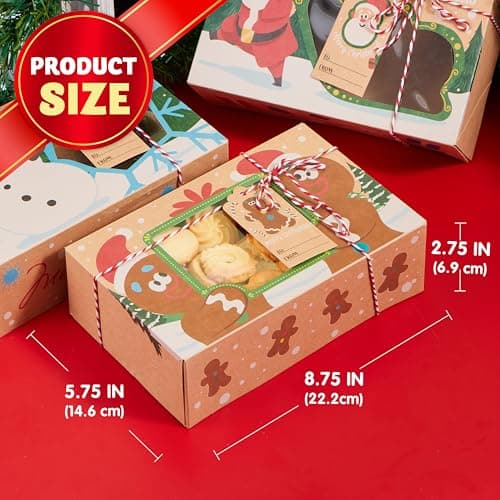 JOYIN 24 PCS Christmas Cookie Gift Baking Box 8.75" x 5.75" x 2.75” with Window Auto-Popup, Xmas Holiday Treat Boxes Containers with Tags for Party Favor Pastries, Cupcake, Brownies, Donut Gift-Giving
