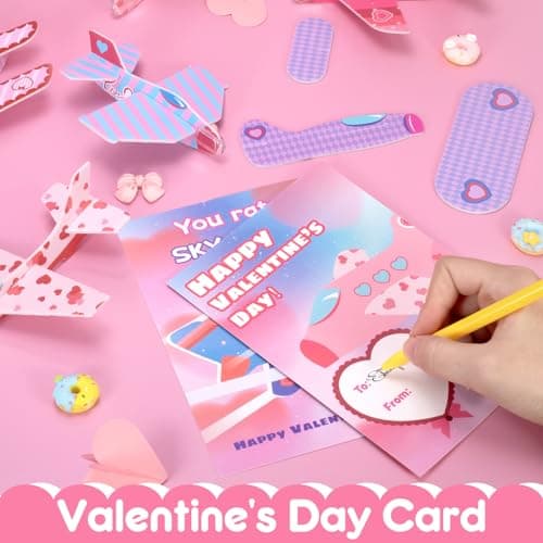 28 Pack Valentines Day Cards for Kids School with Foam Airplane, Valentines Day Gifts For Kids, Valentines Exchange Prize Gifts Cards Boys & Girl, Airplane Valentines Party Favors