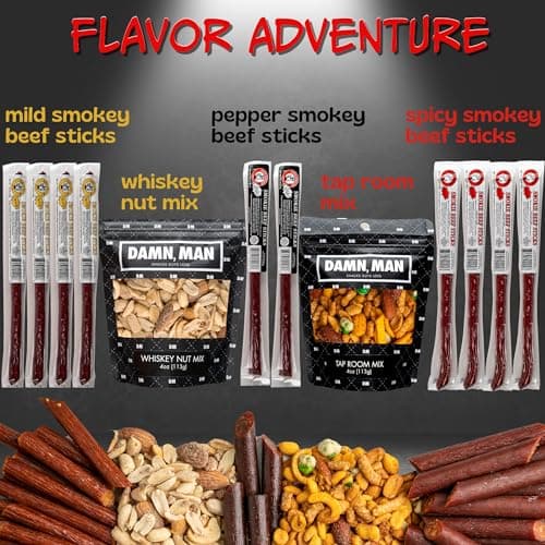 Beef Jerky Gift Basket for Men with Nuts - 12pc Meat Snack Food Variety Box, Unique Food Gift Idea for Birthday, for Husband, Family, Care Package for Guys, Adults