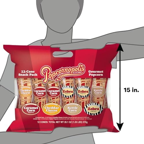 Popcornopolis Gourmet Popcorn Cone Variety Pack – Zebra, Cheddar Cheese, Caramel & Kettle Corn Popcorn, Great for Gifting & Sharing (12-Count)