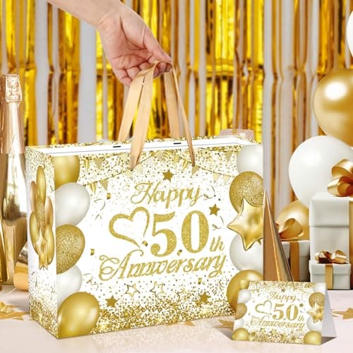 50th Anniversary Paper Gift Bag - White Gold Wedding Gift Wrapping Bag with Tissue Papers & Card - Perfect for Golden Wedding Anniversary or Christmas Decor