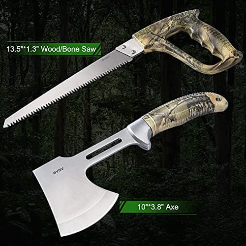 GVDV Hunting Knife Set - 14 Pieces, Portable Butcher Game Processing Kit for Men, Field Dressing Kit with Gut Hook Skinner Knife, Caping knife, Axe, Wood/Bone Saw, Spreader, Gloves, Gifts for Men
