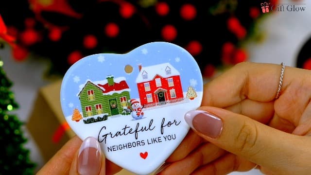 Neighbor Gifts Christmas Ornaments 2025 - Birthday Gifts for Neighbors, Friends, Women, Men, The Neighbors Favor, Christmas Tree Decorations Heart-Shaped Ceramic Ornament