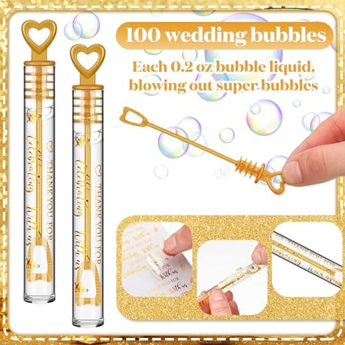 Shappy 100 Pcs Wedding Bubble Bulk Wedding Party Favors Bubble Wand for Guests Send Off with Stickers for Bridal Shower Anniversaries Celebration Goody Bag Stuffers Filler (Gold Heart)