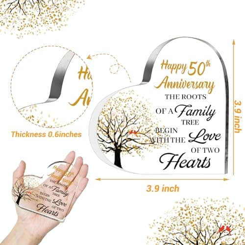 50th Anniversary Wedding Gifts for Couple Parents, Acrylic Heart Cake Topper Decorations, 50 Year Anniversary Presents Gifts Idea for Her Him