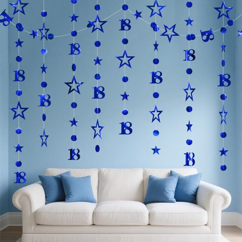Blue 18th Birthday Garland Blue 18 Circle Dot Twinkle Star Streamer Happy Birthday Hanging Bunting Banner Backdrop for Boys Time to Adult 18 Years Old Party Decorations 30 Feet