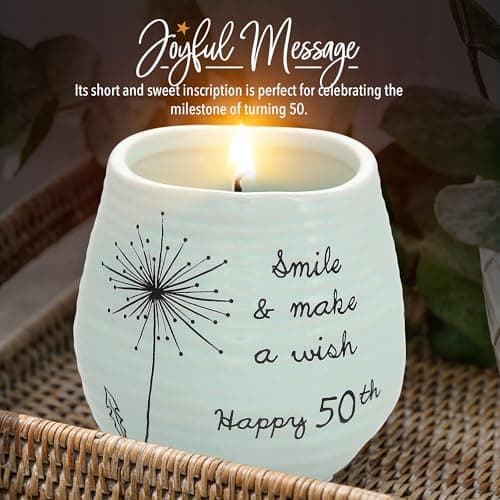 Pavilion Gift Company - 8 Oz Candle Holder - Green Ceramic Candle Jar with 100% Soy Wax Candle Serenity Scent "Smile And Make A Wish, Happy 50th" Ideal Gift for Loved Ones - Printed Text, Love Theme