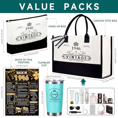 80th Birthday Gifts for Women Her- 4 pcs, Turning 80 Year Old Gifts, Decorations Canvas Beach Tote Bag & Makeup Bag, Unique Happy 80th Birthday gifts for Her Mom Wife Friends