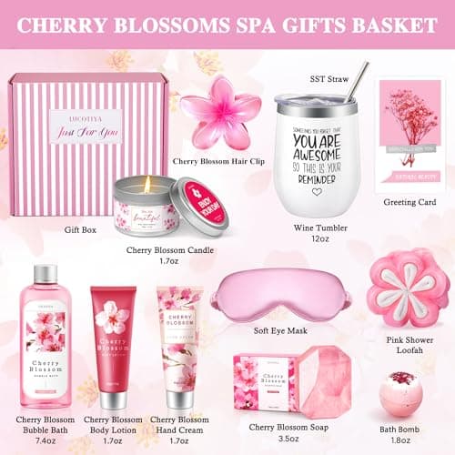 Gifts for Women Birthday Gifts, Spa Gifts Set- 10 Pcs Christmas Valentine's Mother's Day Gifts and Cherry Blossoms Self Care Package Gifts Women, Relaxing Gifts Basket