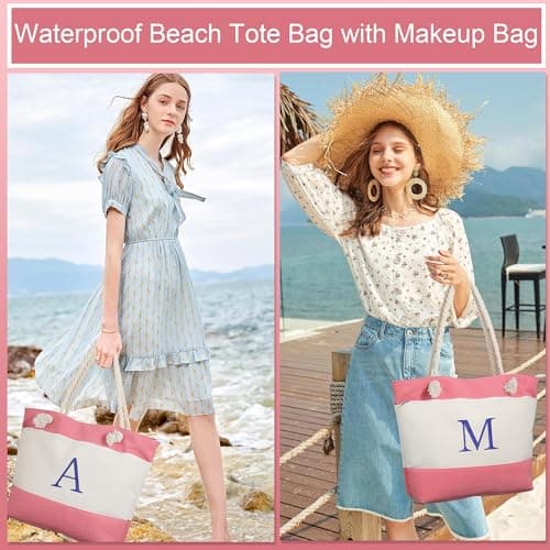 YOOLIFE Beach Bags for Women - Initial Canvas Tote Waterproof Bag with Makeup Bag Gifts for Women Mom Friend Birthday Her