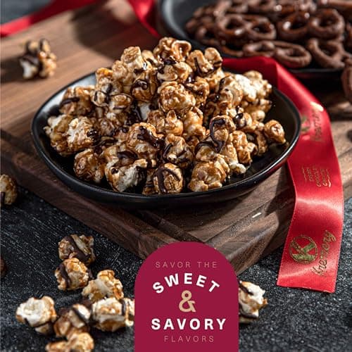 KREMERY Creamy Chocolate Cravings - Holiday Christmas Chocolate Covered Pretzels & Caramel Popcorn Gift Basket, in Seagrass Tray + Ribbon (Deluxe, 3.5 lbs) Xmas Treats Food Arrangement, Kosher
