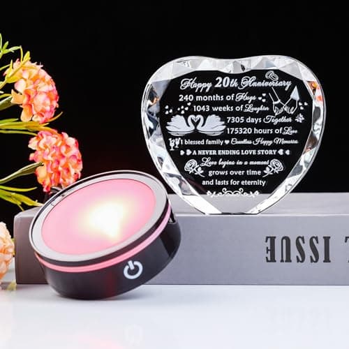 YWHL 20th Anniversary Crystal Heart Gifts for Wife Husband, Laser Engraved Romantic 20 Year Wedding Anniversary Crystal Keepsake Gifts for Her Him, 20 Years of Marriage Gift for Couples Friends