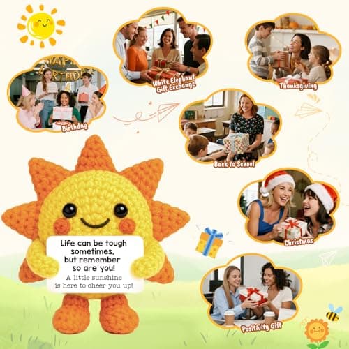 Mini Positive Crochet Sunshine Flowers Emotional Cheer Up Support Gift for Women Friends Coworkers Inspirational Stress Relief Gift Mental Health Positive Present for Birthday Christmas White Elephant