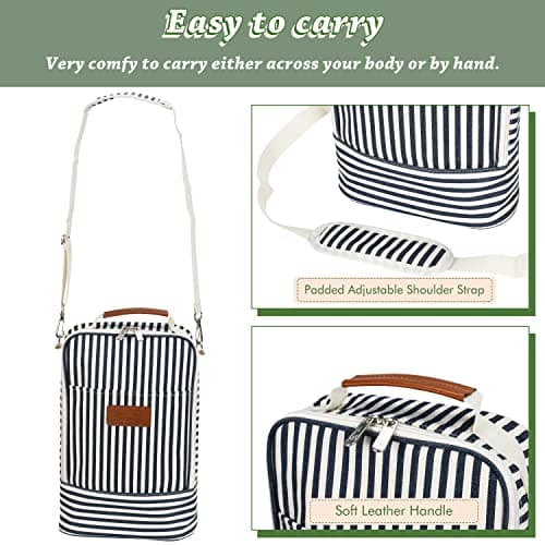 Tirrinia Insulated 2 Bottle Wine Gift Tote Bag - Wine Tumbler Glass Cooler Carrier for BYOB Restaurants, Wine Tasting, Travel, Park, Beach, Great Wine Lover Gift, Blue Stripe