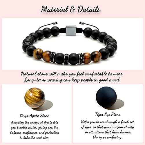 JoycuFF Gifts for Men Natural Tiger Eye Black Matte Agate Bracelets, Christmas Birthday Gifts for Boyfriend Husband Brother from Girlfriend Wife, To My Man Bead Bracelets
