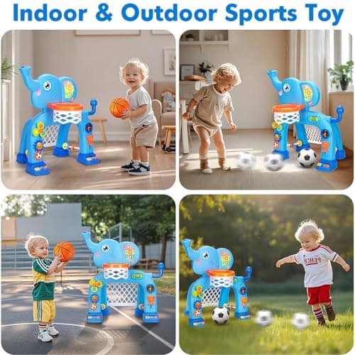 Toddler Basketball Hoop & Soccer Goal, Toys for 1 2 3 Year Old Boys Girls, Kids Sports Toy with Light Sound Music, Montessori Toys for Baby 12-18 Months, Christmas Birthday Gifts for Ages 1-3(Blue）