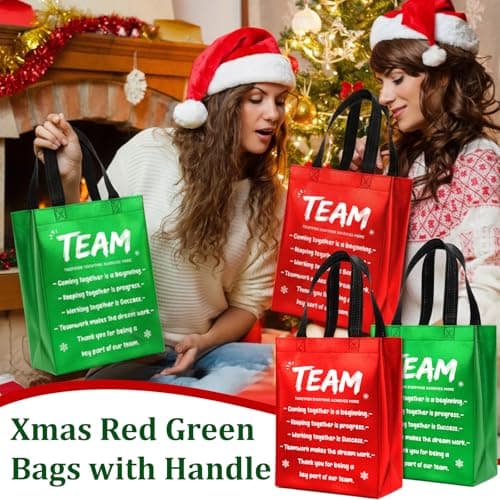 SilTriangle 30 Pcs Christmas Team Appreciation Gift Bags Bulk Xmas Green Red Bags with Handle 7.87 x 10.23 x 3.93 Inch Reusable Totes for Employees Coworker Staff Christmas Party Favors Supplies