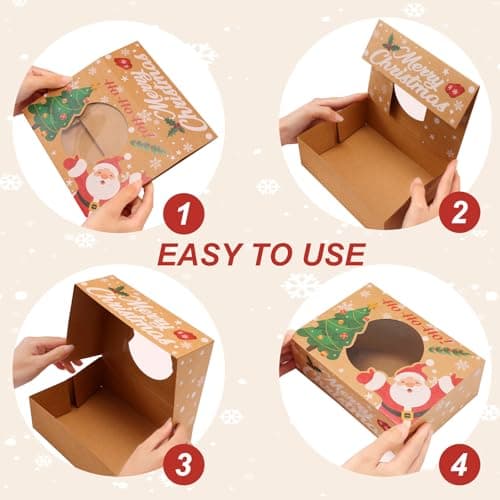 24 Pack Christmas Cookie Boxes - 8.25"x6"x2.75" Brown Kraft Bakery Box with Window for Holiday Treats, Gift Exchange Box for Baked Goods, Cookie Tins with Lids for Gift Giving