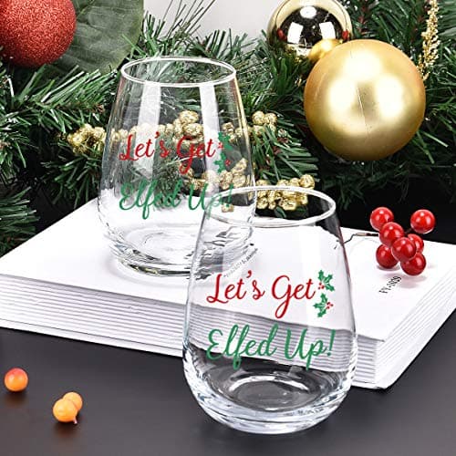 Let's Get Elfed Up Christmas Wine Glass, 15 Oz Funny Stemless Wine Glasses for Women Friends Men, Gift Idea for Christmas Wedding Party, Set of 2