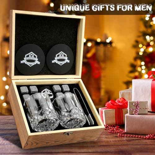 Whiskey Stones Gift Set - Whiskey Glass Set of 2 - Granite Chilling Whiskey Rocks - Scotch Bourbon Box Set -Father's Day Birthday Gifts for Men Drinking Gift for Dad Him Husband Party Holiday Present