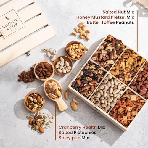 Nut Gift Basket, in Reusable Wooden Crate, Healthy Gift Option, Gourmet Snack Food Box, with Unique Flavors, Great for Feel Better, Sympathy & Birthday- Bonnie & Pop