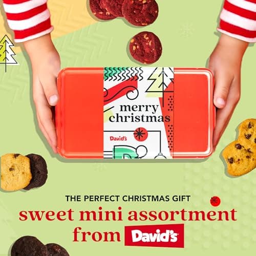 David's Cookies Merry Christmas Mini Cookies in Sweet Sampler Tin - Assorted Mini Christmas Cookies with Chocolate & White Chocolate Chip and Red Velvet - Gourmet Cookie Gift Basket for Holidays 14oz
