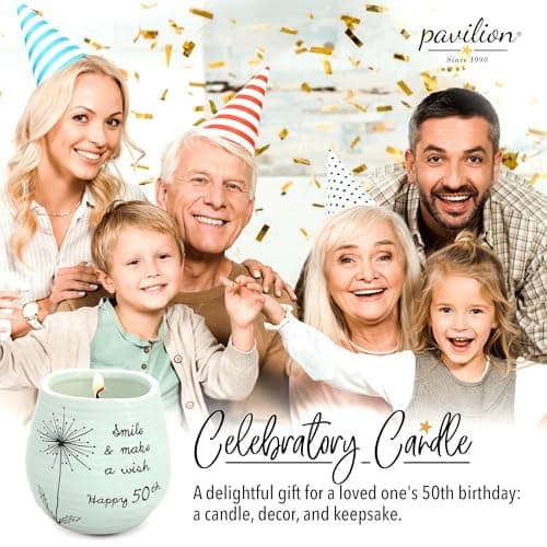 Pavilion Gift Company - 8 Oz Candle Holder - Green Ceramic Candle Jar with 100% Soy Wax Candle Serenity Scent "Smile And Make A Wish, Happy 50th" Ideal Gift for Loved Ones - Printed Text, Love Theme