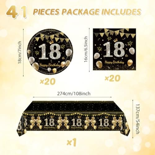 41Pcs 18th Birthday Decorations for Boy Girls, Black Gold 18 Year Old Happy Birthday Girl Decorations include Plates Napkins Tablecloth for Official Teenager 18th Birth Party