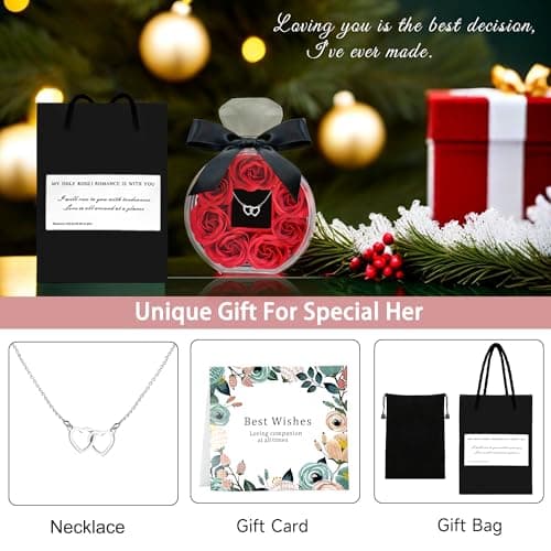 Preserved Rose with Heart Necklace Gift Artificial Flower Valentines Mothers Day for Girlfriend Mom Birthday Anniversary Personalized Romantic Gifts(Red)