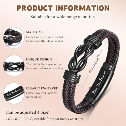 Men's Bracelets Gifts for Men - Brown Braided Leather Infinity Knot Bracelets Engraved Love Massage for Son Man Husband Boyfriend, Personalized Mens Bracelets Jewelry Gift for Birthday Christmas