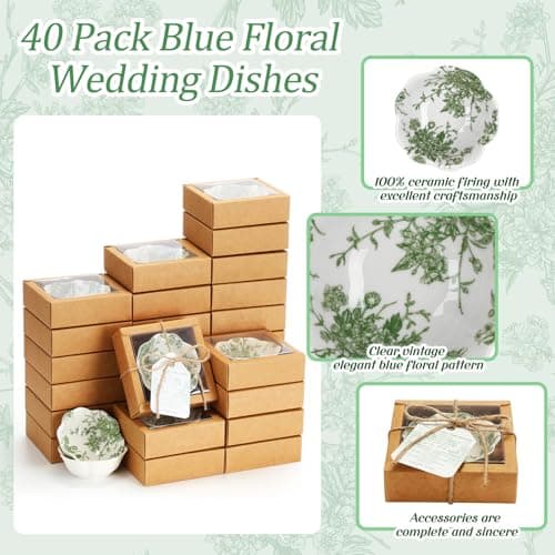 40 Pack Wedding Favors for Guests Small Ceramic Bowls Bulk Gifts Set 3.3 Inch Green Verdure Design Mini Dipping Bowl Sauce Dish with Cards Box for Party Shower Favor Souvenir