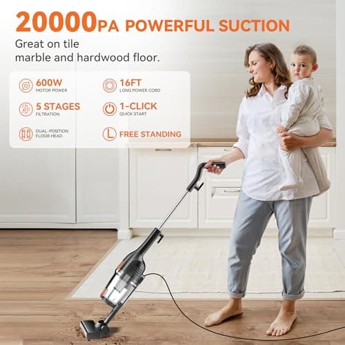 Vazone R6X Corded Stick Vacuum Cleaners for Home, 30Kpa Powerful Suction Stick Vacuum with 16Ft Cord, 2 in 1 Lightweight Handheld Vacuum Cleaner for Hardwood Floor Pet Hair