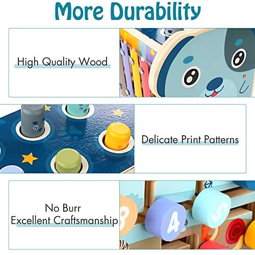 KIDWILL Montessori Pounding Toy for 1 2 Year Olds Wooden Hammering & Activity Board with Xylophone, Number Maze, Pounding Bench Educational Toddler Gift Toys Age 1-3