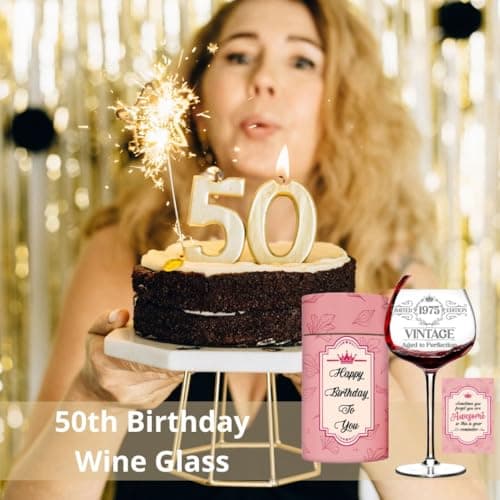 Vintage 1975 Engraved Wine Glass - 50th Birthday Gifts For Her - Cool Gifts For 50 Year Old Woman - 1975 Birthday Present - Fifty Women Gift Ideas - Turning 50 Cup for Wife, Sister, Daughter, Ladies