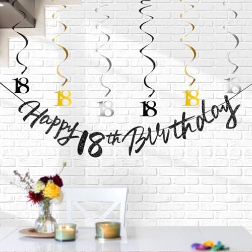 18th Birthday Decorations for Boys Swirls Streamers Set, Hanging Vortex Happy 18th Birthday Banner for Girls, Black and Gold 18 Birthday Decor Party Bunting