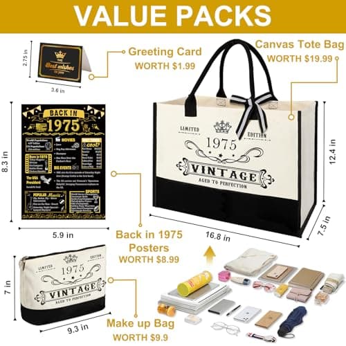50th Birthday Gifts for Women Canvas Tote Bag Travel Gear, Unique 50 Years Old Gifts for Wife Sister Mom Aunt Friends Her, Vintage 1975 Handbag & Cosmetic Bag & Back in 1975 Poster