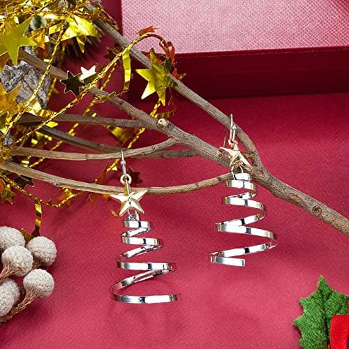 Handmade Christmas Tree Dangle Hoop Earrings Golden Silver Two Tone Women Holiday Gift, Thanksgiving Themed Earrings, Christmas Party Gift