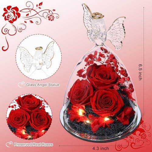 Mothers Day Mom Gifts for Women Preserved Flowers in Glass Angel Forever Flowers Gifts Eternal Roses Gifts for Grandma - Red