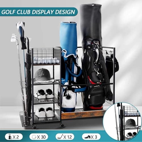 Golf Bag Organizer for Garage, Golf Accessories for Men Women, Golf Bag Stand, Golf Storage Organizer with 2 Hooks, Storage Rack for 2 Golf Bags, Sports Equipment Organize, Golf Club Holder