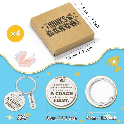 WATINC Coach Appreciation Keychain Gift Set, 4Pcs Sport Match Cheer Keychains Keepsake Present with Thank You Packaging