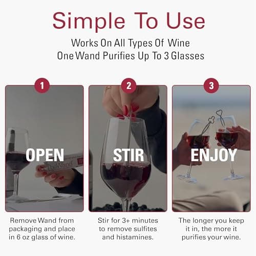 PureWine The Wand Wine Purifier - Red & White Wine Filters for Histamines & Sulfites, Sulfite Remover Sticks, Helps Allergies & Headaches, Gift Accessories for Women & Men - 3 Wands, Silver