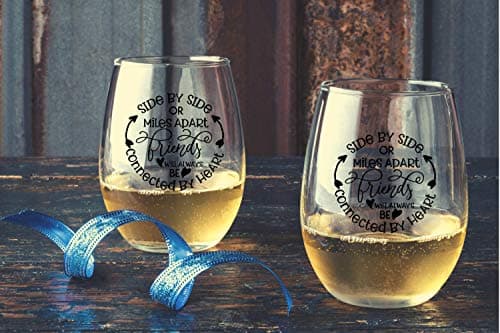 Side By Side Or Miles Apart Best Friend Wine Glass - 15 Oz, Scratch-Resistant Wine Glass - Birthday Gifts for Her, Stocking Stuffer, or Long Distance Friendship Gifts for Women - Printed in the USA