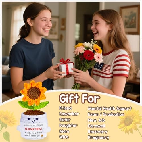Birthday Gifts for Women, Positive Crochet Sunflower Emotional Support Gift Handmade Plush Doll, Thank You Unique Friendship Gifts for Sister Best Friend Coworker Men Teen Girls, Womens Xmas Present
